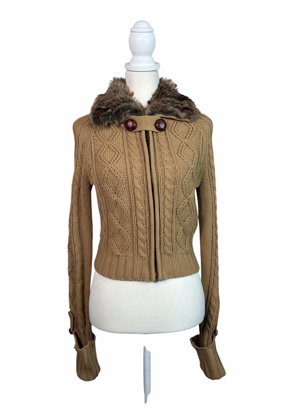It’s Our Time Women’s Small Cable Knit Faux Fur Collar Zip Cardigan Sweater